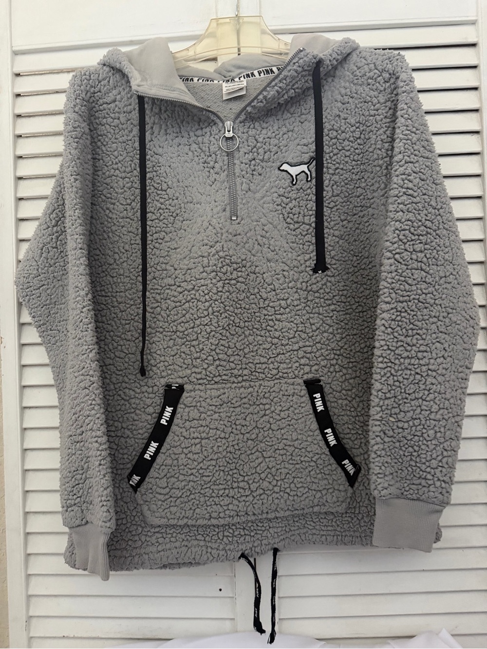 PINK Victoria's Secret Gray Sherpa Half-Zip Hoodie pockets and ties